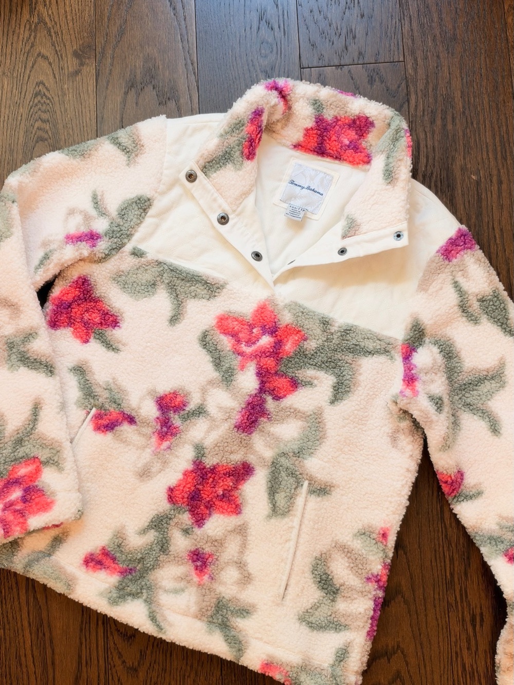 Tommy Bahama Cream Sherpa Pullover with Pink & Green Floral Print